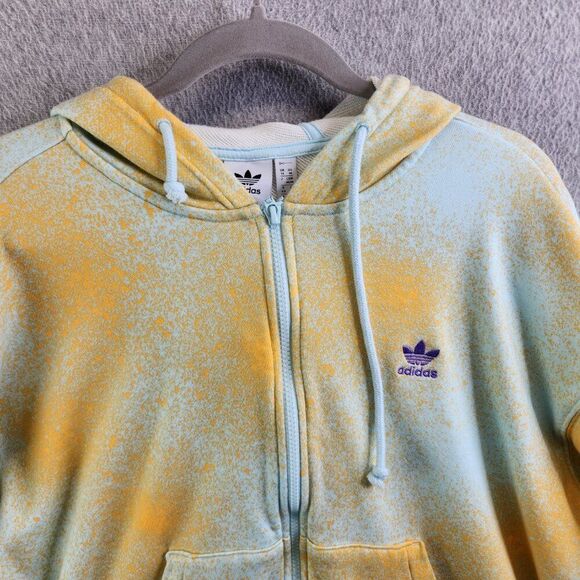Adidas Hoodie Womens M Yellow Spray Paint Full Zip Trefoil Terry Ribbed Boxy - Picture 2 of 15